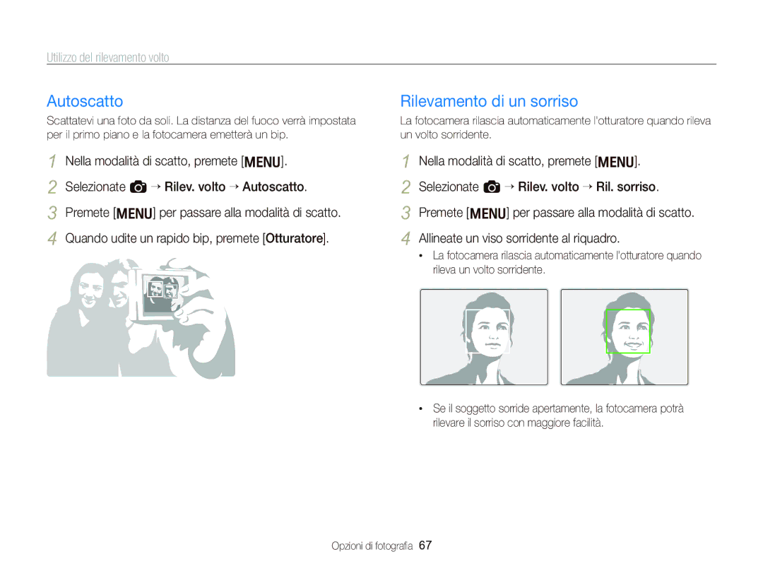 Samsung EC-WB2000BPBIT manual Autoscatto, Rilevamento di un sorriso, Utilizzo del rilevamento volto 