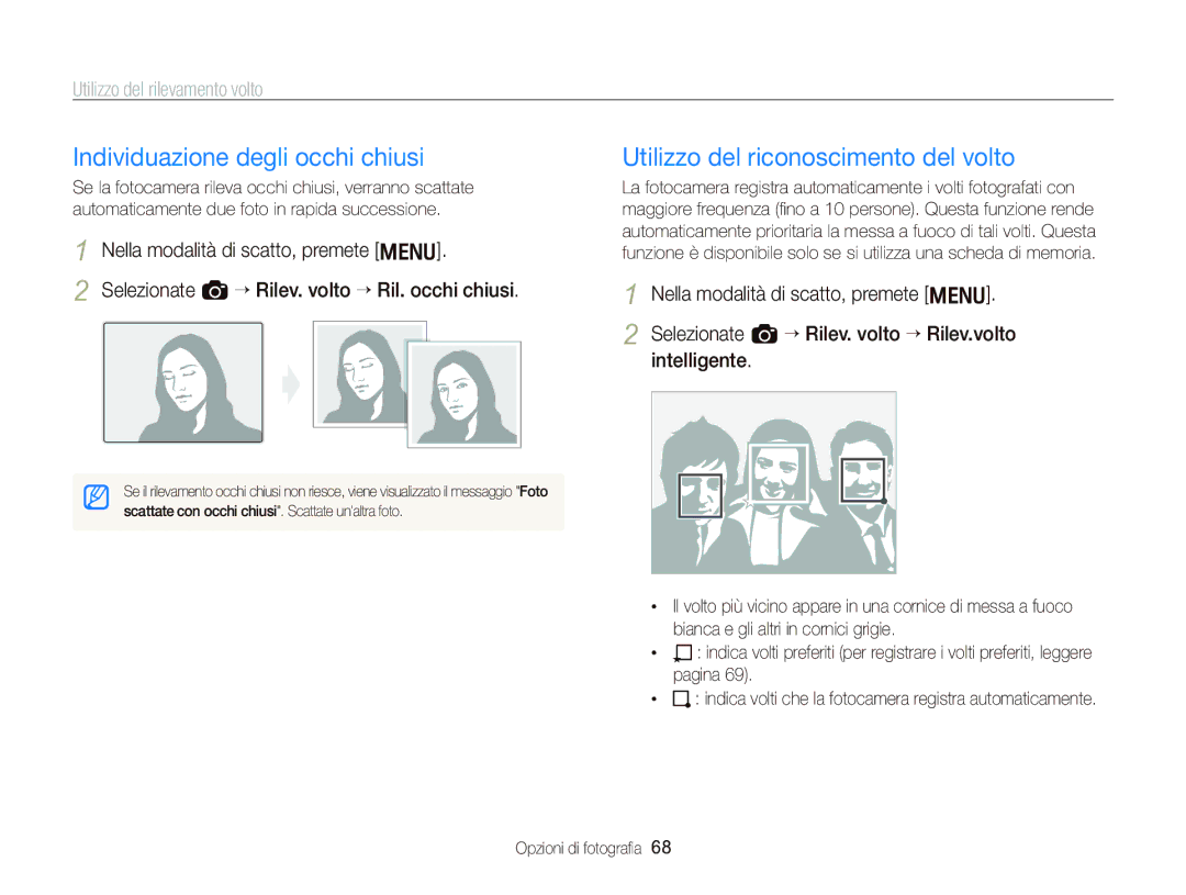 Samsung EC-WB2000BPBIT manual Individuazione degli occhi chiusi, Utilizzo del riconoscimento del volto 