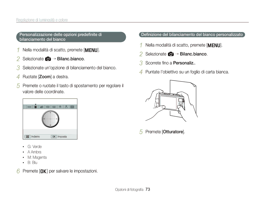 Samsung EC-WB2000BPBIT Valore delle coordinate, Personalizzazione delle opzioni predeﬁnite di, Bilanciamento del bianco 