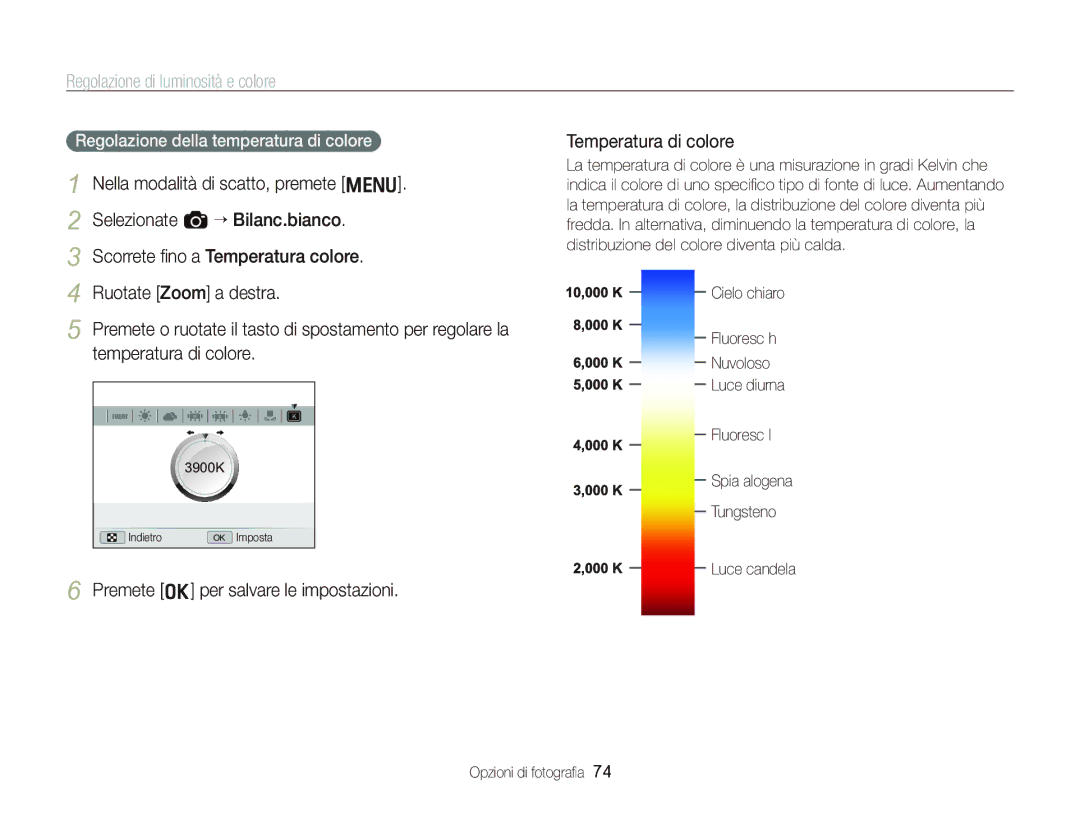 Samsung EC-WB2000BPBIT manual Premete o per salvare le impostazioni Temperatura di colore 