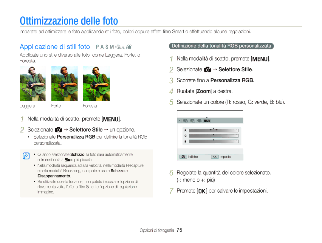Samsung EC-WB2000BPBIT manual Ottimizzazione delle foto, Applicazione di stili foto p a S M d, Leggera Forte Foresta 