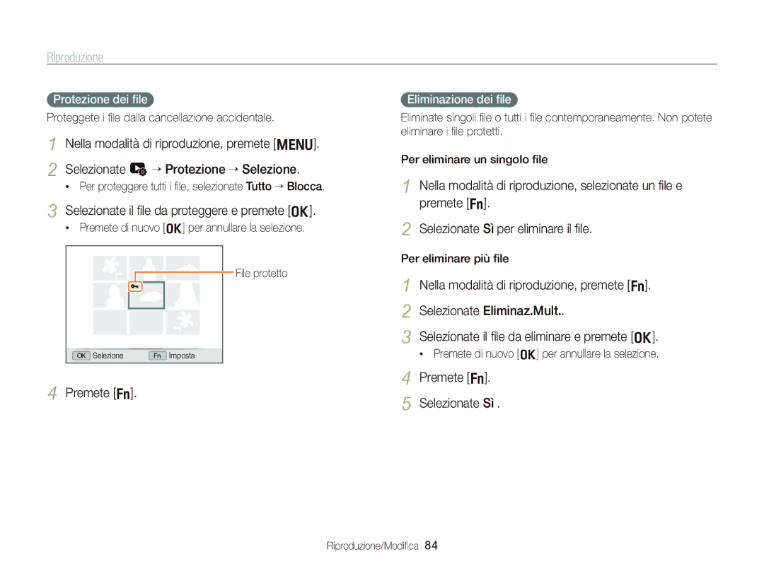 Samsung EC-WB2000BPBIT manual Selezionate u ““Protezione ““Selezione, Selezionate il ﬁle da proteggere e premete o 