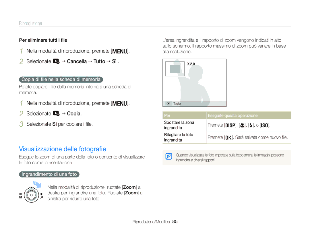 Samsung EC-WB2000BPBIT Visualizzazione delle fotograﬁe, Copia di ﬁle nella scheda di memoria, Ingrandimento di una foto 