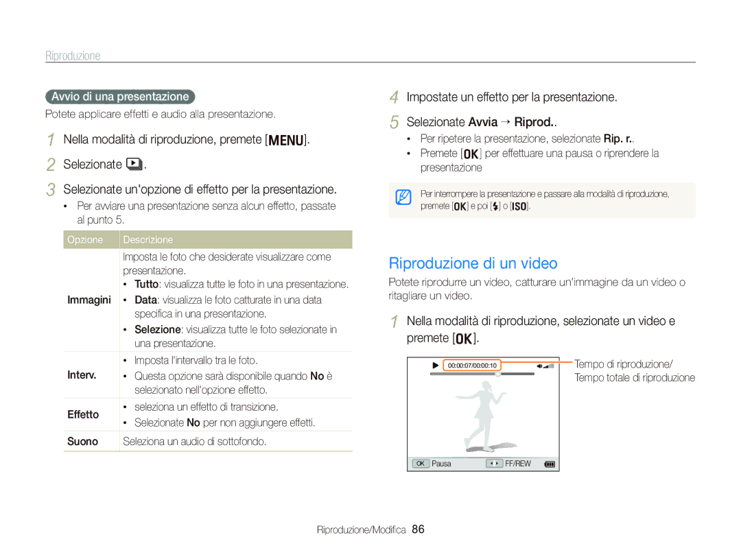 Samsung EC-WB2000BPBIT Riproduzione di un video, Avvio di una presentazione, Opzione, Selezionato nellopzione effetto 