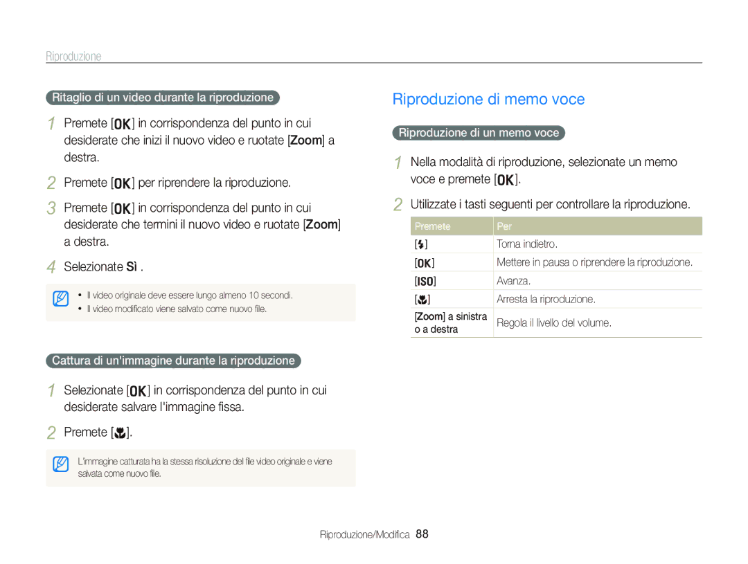 Samsung EC-WB2000BPBIT manual Riproduzione di memo voce, Ritaglio di un video durante la riproduzione 