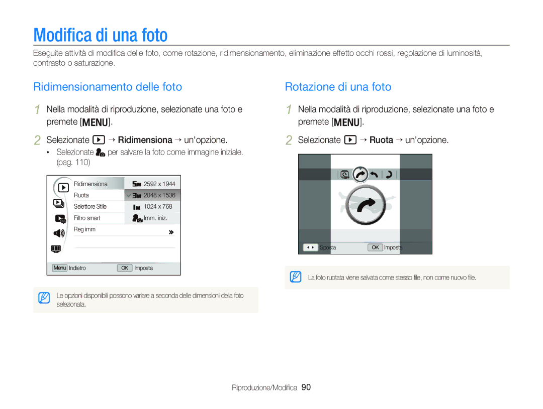 Samsung EC-WB2000BPBIT manual Modiﬁca di una foto, Ridimensionamento delle foto, Rotazione di una foto 