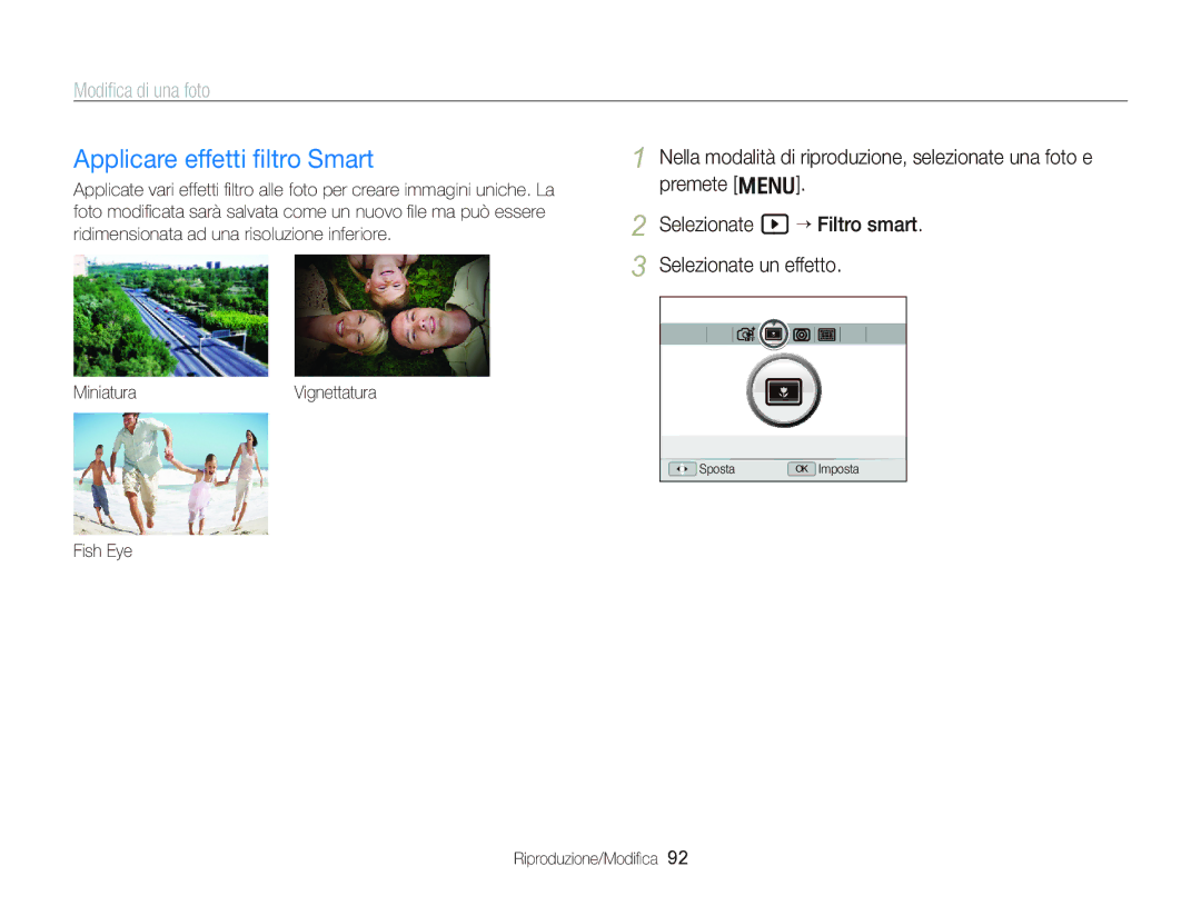 Samsung EC-WB2000BPBIT manual Applicare effetti ﬁltro Smart, Fish Eye Riproduzione/Modiﬁca 