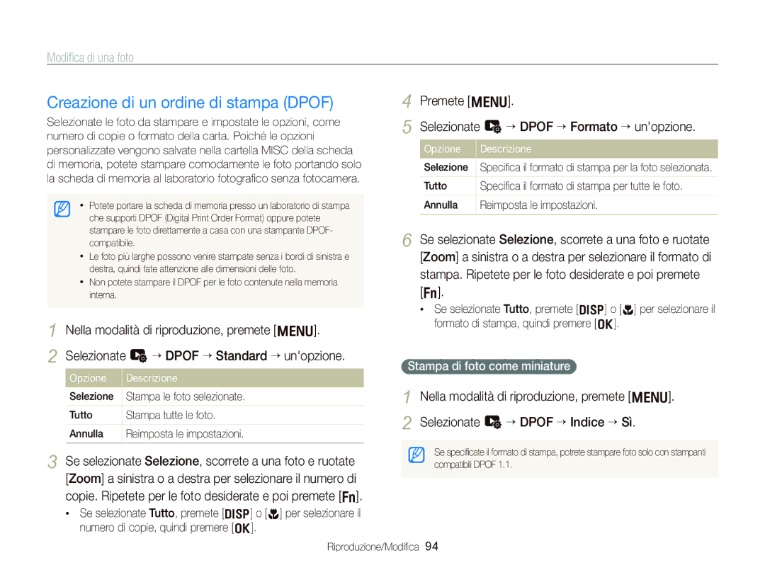 Samsung EC-WB2000BPBIT manual Creazione di un ordine di stampa Dpof, Selezionate u “ Dpof “ Standard “ unopzione, Selezione 