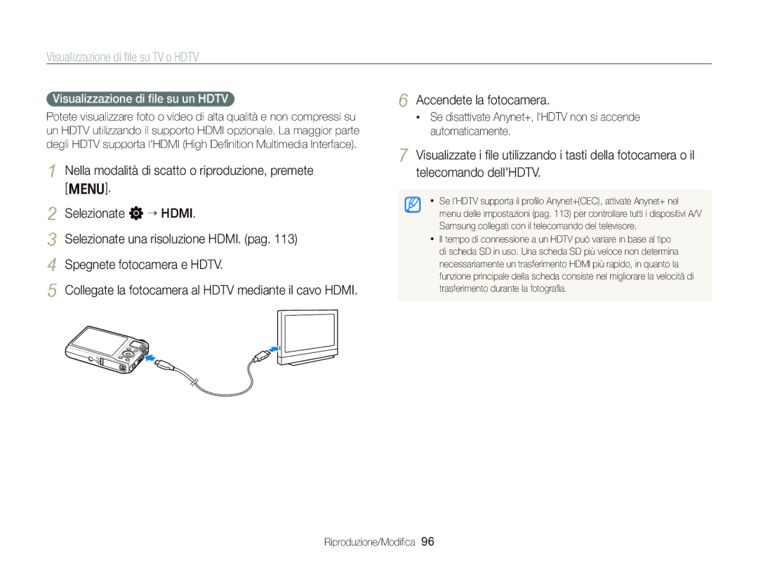 Samsung EC-WB2000BPBIT manual Visualizzazione di ﬁle su TV o Hdtv, Visualizzazione di ﬁle su un Hdtv 