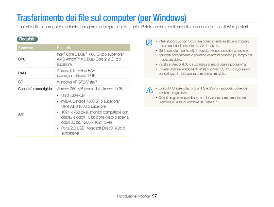 Samsung EC-WB2000BPBIT manual Trasferimento dei ﬁle sul computer per Windows, Elemento Requisiti 