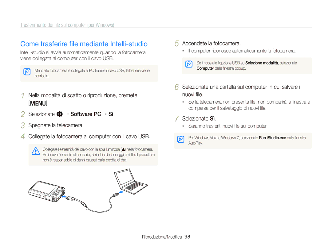 Samsung EC-WB2000BPBIT manual Come trasferire ﬁle mediante Intelli-studio, Trasferimento dei ﬁle sul computer per Windows 