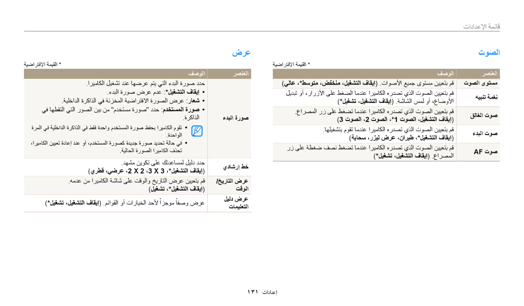 Samsung EC-WB200FBDRSA, EC-WB200FDPBM3, EC-WB200FBDWSA, EC-WB200FBDBSA manual ضرع, توصلا, قائمة الإعداداق, فصولا رصنعلا 