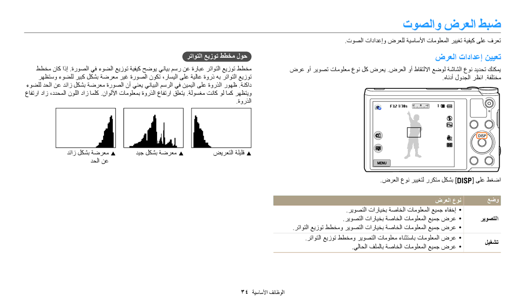 Samsung EC-WB200FBDBSA, EC-WB200FBDRSA manual توصلاو ضرعلا طبض, ضرعلا تادادعإ نييعت, رتاوتلا عيزوت ططخم لوح, ريوصتلا, ليغشت 