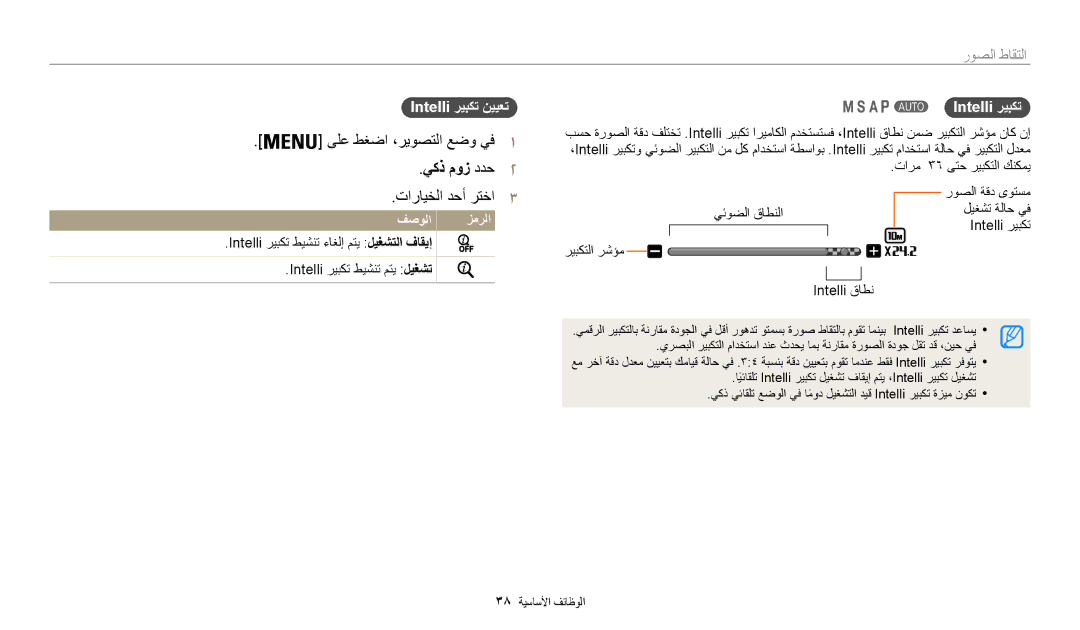 Samsung EC-WB200FBDBSA, EC-WB200FBDRSA, EC-WB200FDPBM3 manual ىلع طغضا ،ريوصتلا عضو يف1, يكذ موز ددح2, Intelli ريبكت نييعت 