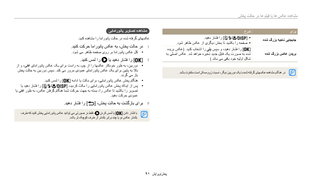 Samsung EC-WB200FBDRSA manual دینک تکرح اماروناپ سکع هب ،شخپ تلاح رد1, دیهد راشف ار ،شخپ تلاح هب تشگزاب یارب3, حرش یارب 