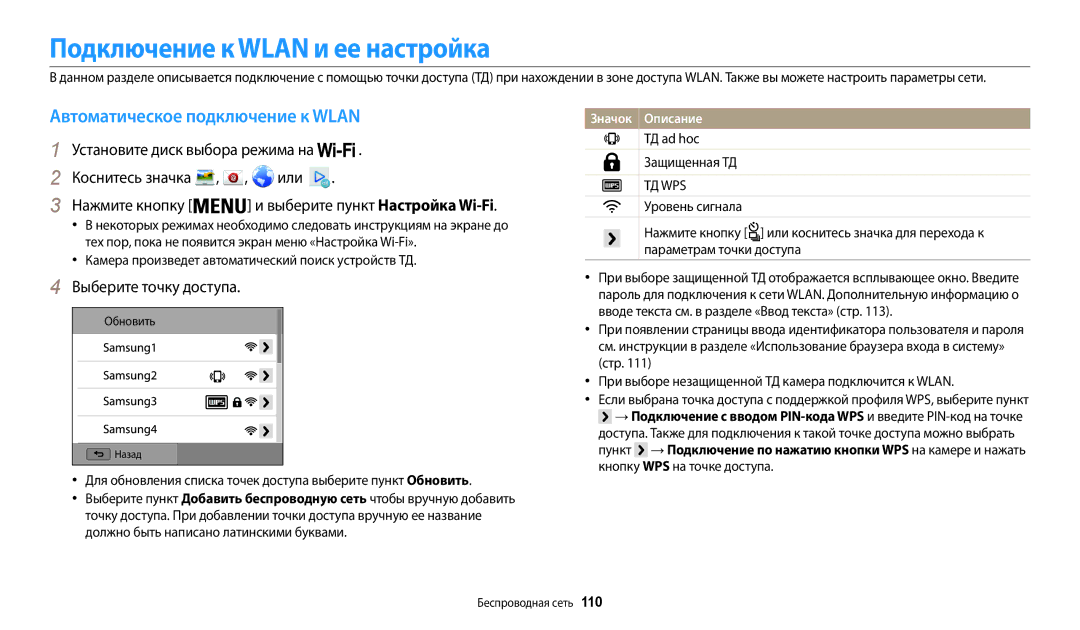 Samsung EC-WB200FBPBRU manual Подключение к Wlan и ее настройка, Автоматическое подключение к Wlan, Выберите точку доступа 