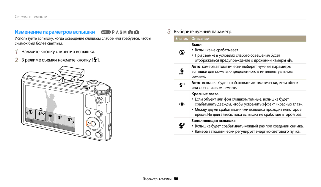 Samsung EC-WB200FBPBE2, EC-WB200FBPBKZ manual Изменение параметров вспышки, Выкл, Красные глаза, Заполняющая вспышка 