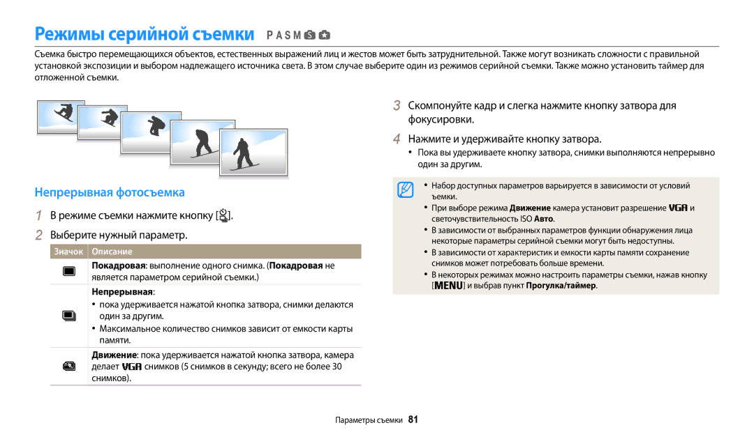 Samsung EC-WB200FBPWRU Режимы серийной съемки, Непрерывная фотосъемка, Фокусировки Нажмите и удерживайте кнопку затвора 