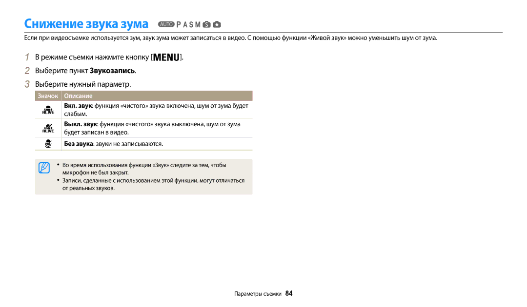 Samsung EC-WB200FBPBKZ, EC-WB200FBPBE2, EC-WB200FBPWKZ manual Снижение звука зума, Микрофон не был закрыт, От реальных звуков 