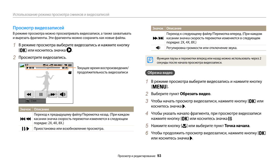 Samsung EC-WB200FBPWRU manual Просмотр видеозаписей, Обрезка видео, Порядке 2X, 4X Приостановка или возобновление просмотра 