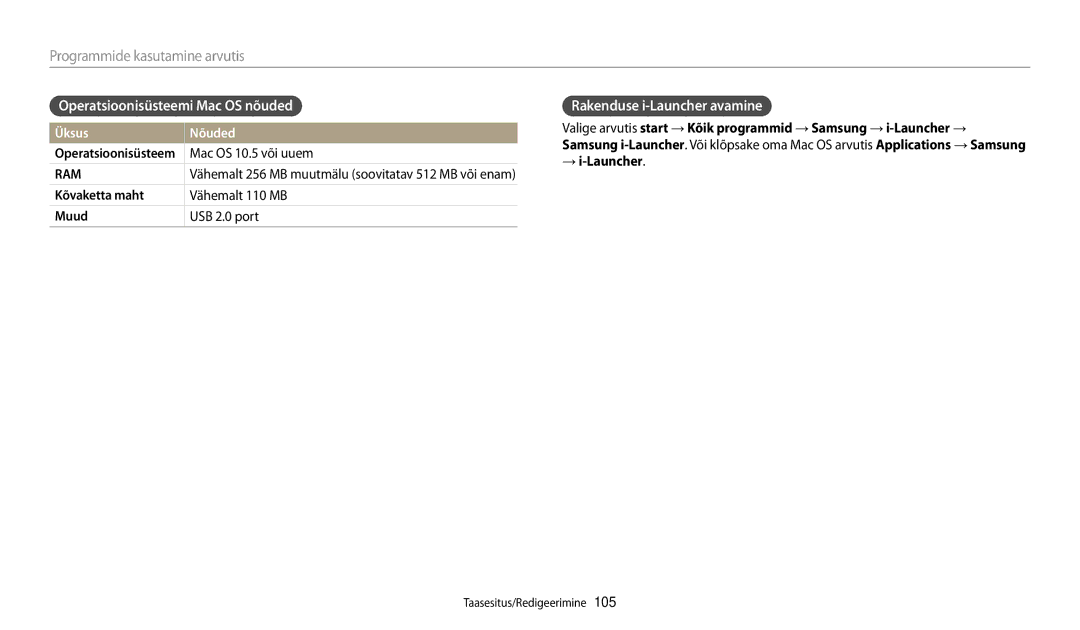 Samsung EC-WB200FBPBE2 manual Operatsioonisüsteemi Mac OS nõuded, Rakenduse i-Launcher avamine, Mac OS 10.5 või uuem 