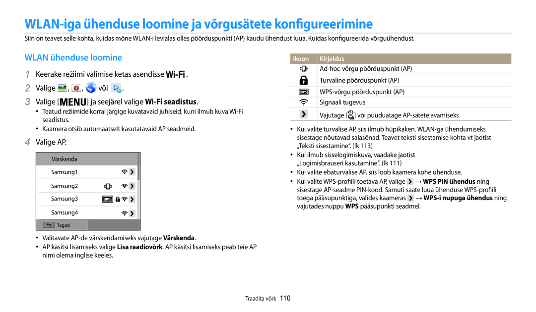 Samsung EC-WB200FBPBE2 manual WLAN-iga ühenduse loomine ja võrgusätete konfigureerimine, Wlan ühenduse loomine, Valige AP 