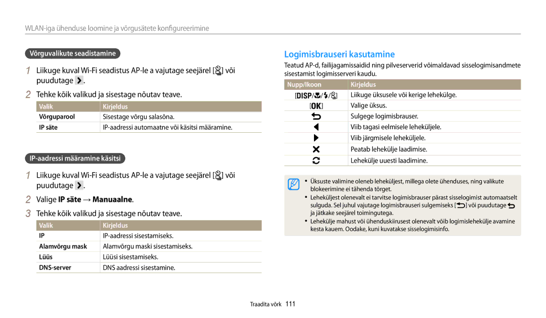 Samsung EC-WB200FBPBE2 manual Logimisbrauseri kasutamine, Valige IP säte → Manuaalne, Võrguvalikute seadistamine 