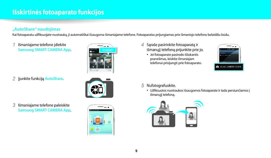 Samsung EC-WB200FBPBE2 manual Išmaniajame telefone įdiekite, Įjunkite funkciją AutoShare, Nufotografuokite 