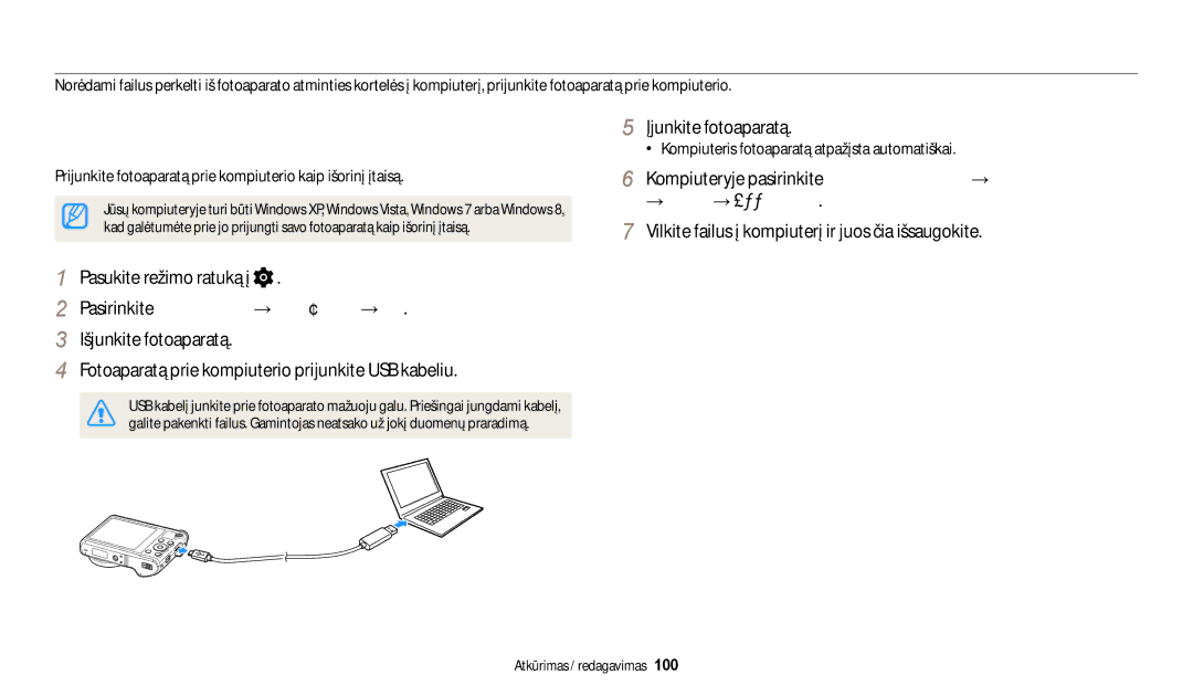 Samsung EC-WB200FBPBE2 manual Failų perkėlimas į kompiuterį su„Windows operacine sistema, → Dcim → 100PHOTO 