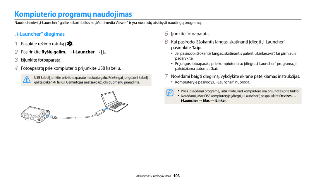 Samsung EC-WB200FBPBE2 Kompiuterio programų naudojimas, „i-Launcher diegimas, Pasirinkite Ryšių galim. → i-Launcher → Įj 