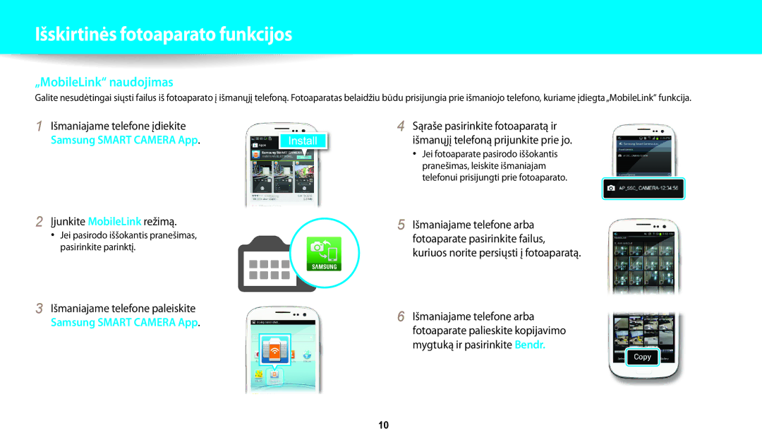 Samsung EC-WB200FBPBE2 manual „MobileLink naudojimas, Įjunkite MobileLink režimą 