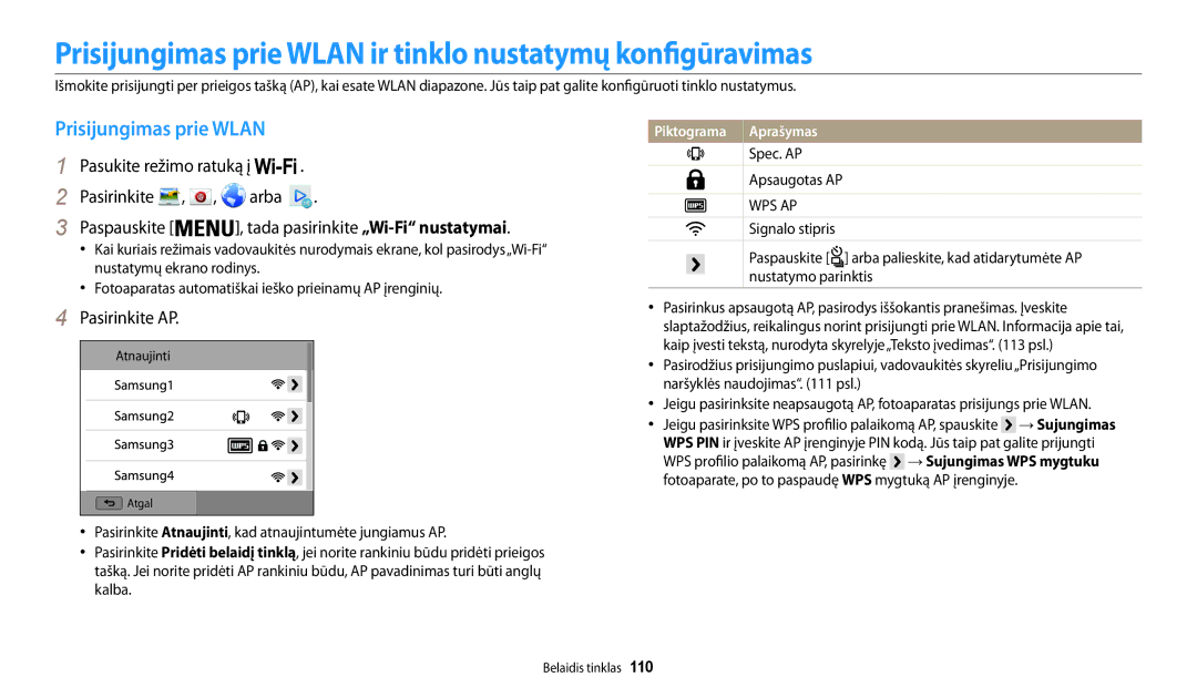 Samsung EC-WB200FBPBE2 Prisijungimas prie Wlan ir tinklo nustatymų konfigūravimas, Pasirinkite AP, Spec. AP Apsaugotas AP 