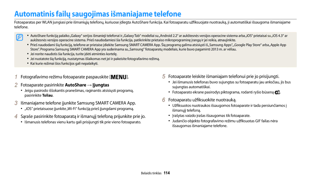 Samsung EC-WB200FBPBE2 Automatinis failų saugojimas išmaniajame telefone, Fotoaparate pasirinkite AutoShare → Įjungtas 