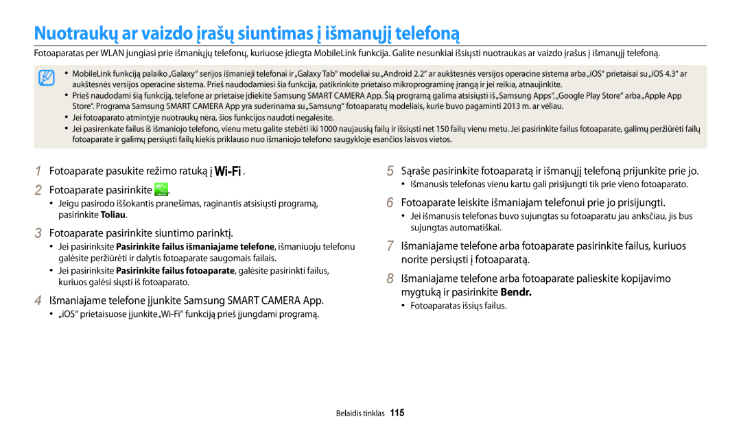 Samsung EC-WB200FBPBE2 Nuotraukų ar vaizdo įrašų siuntimas į išmanųjį telefoną, Fotoaparate pasirinkite siuntimo parinktį 