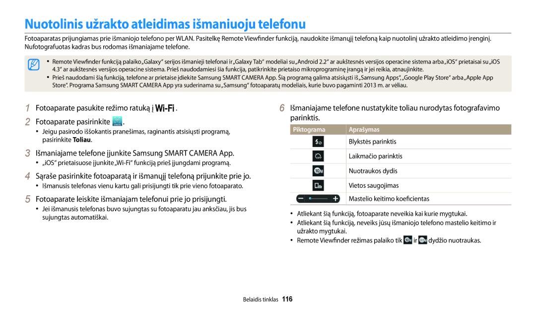 Samsung EC-WB200FBPBE2 manual Nuotolinis užrakto atleidimas išmaniuoju telefonu, Blykstės parinktis, Laikmačio parinktis 