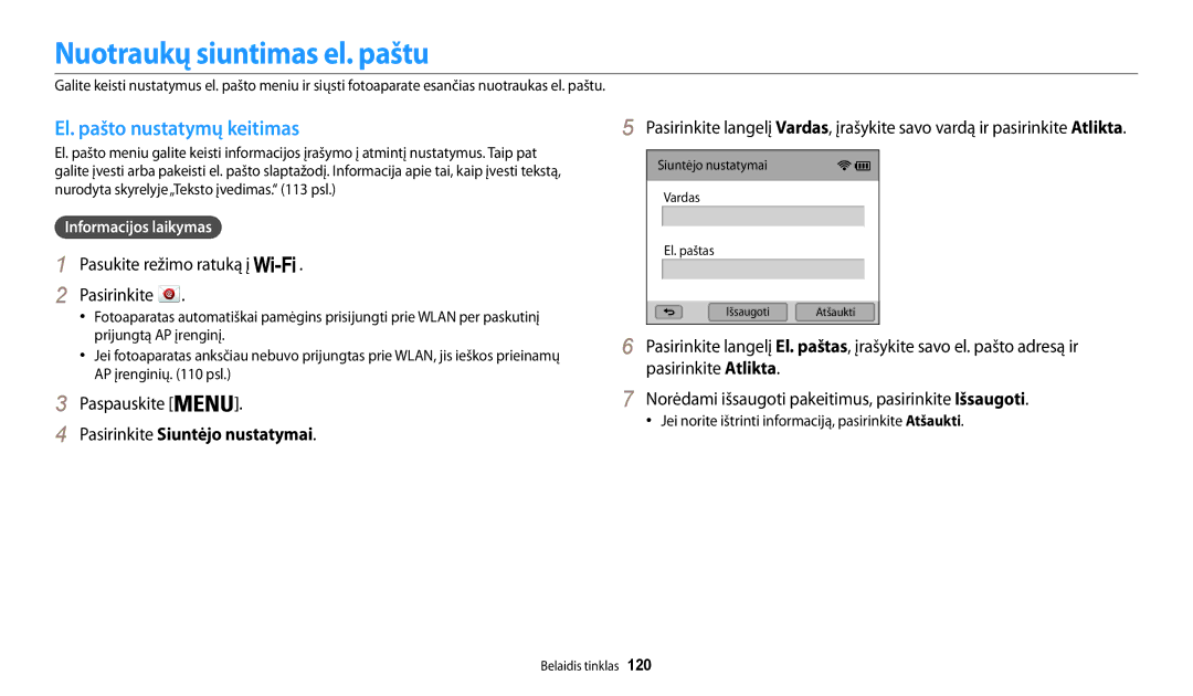 Samsung EC-WB200FBPBE2 manual Nuotraukų siuntimas el. paštu, El. pašto nustatymų keitimas, Pasirinkite Siuntėjo nustatymai 