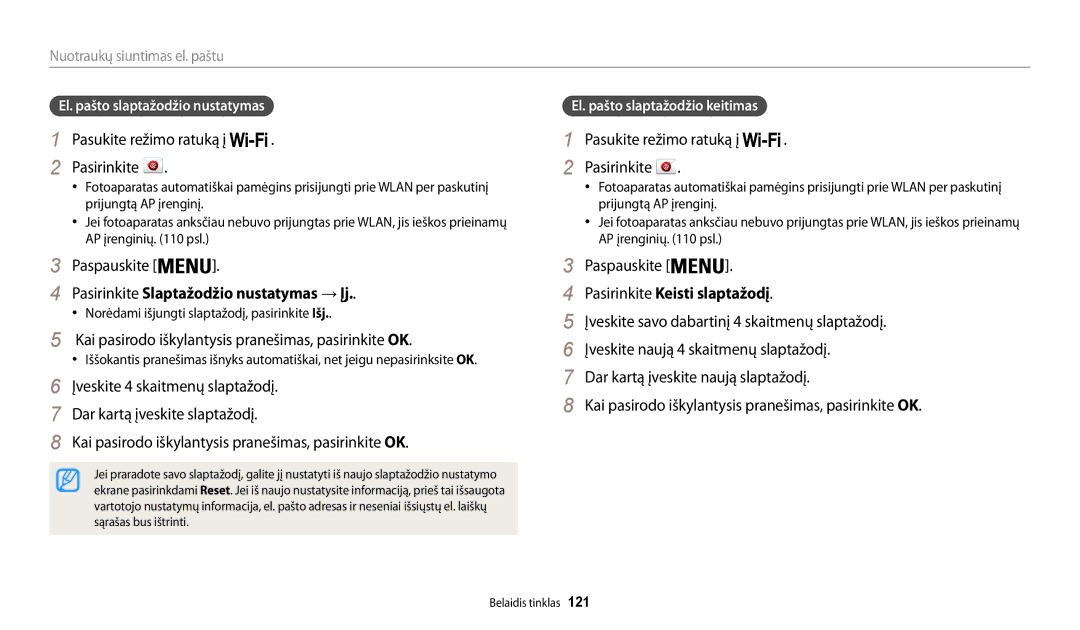 Samsung EC-WB200FBPBE2 Pasirinkite Slaptažodžio nustatymas → Įj, Kai pasirodo iškylantysis pranešimas, pasirinkite OK 