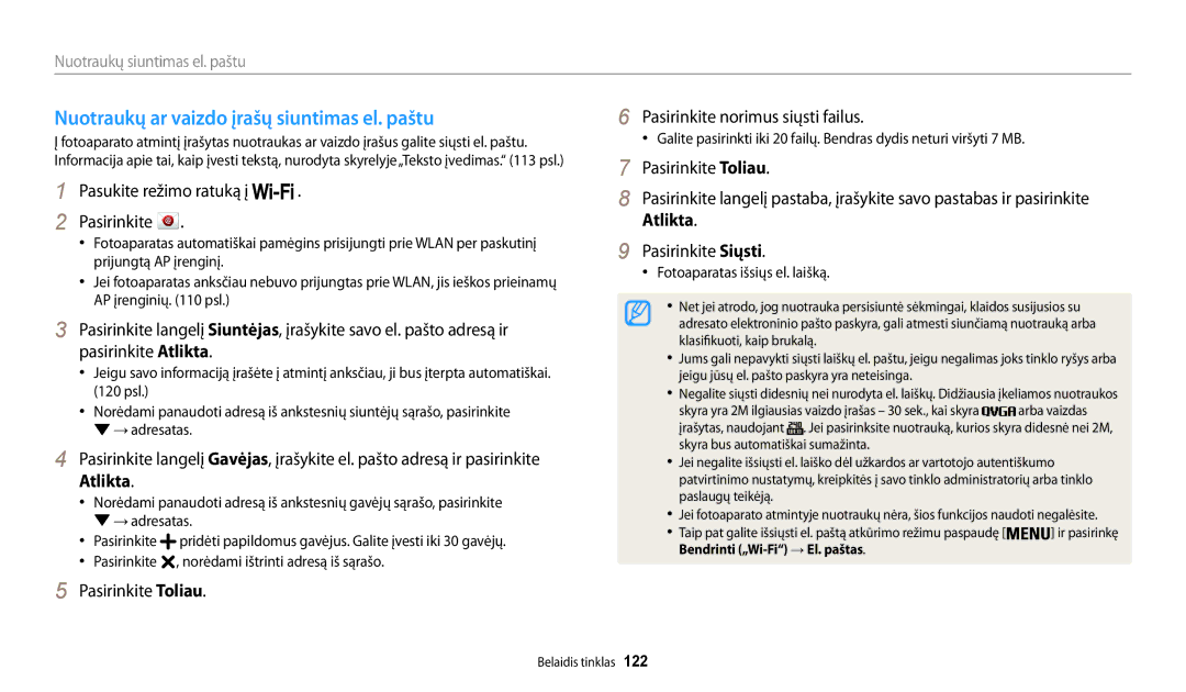 Samsung EC-WB200FBPBE2 manual Nuotraukų ar vaizdo įrašų siuntimas el. paštu, Atlikta, Pasirinkite Siųsti 