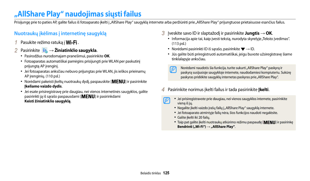 Samsung EC-WB200FBPBE2 manual „AllShare Play naudojimas siųsti failus, Nuotraukų įkėlimas į internetinę saugyklą 