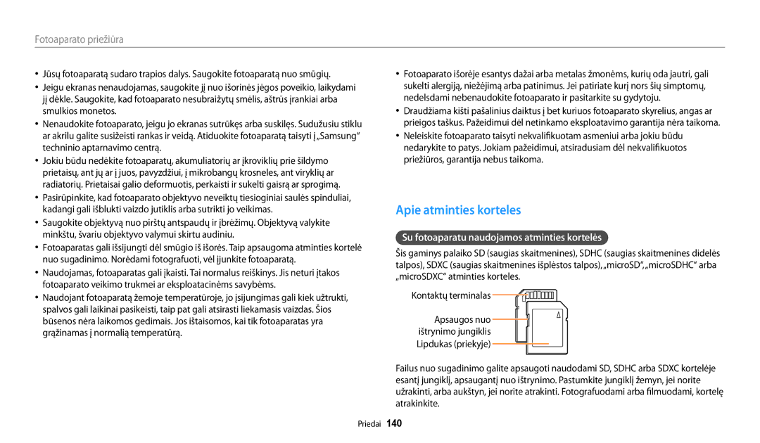 Samsung EC-WB200FBPBE2 manual Apie atminties korteles, Su fotoaparatu naudojamos atminties kortelės 