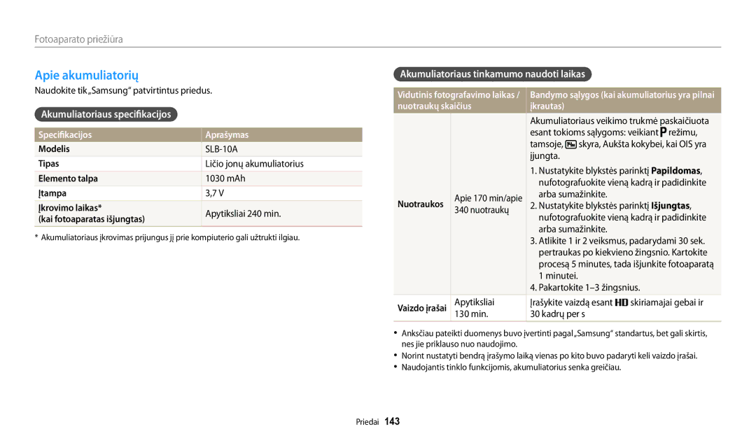 Samsung EC-WB200FBPBE2 manual Apie akumuliatorių, Akumuliatoriaus specifikacijos, Akumuliatoriaus tinkamumo naudoti laikas 