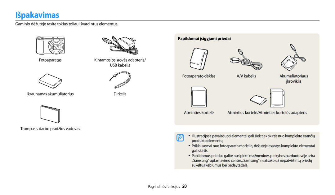 Samsung EC-WB200FBPBE2 manual Išpakavimas, Papildomai įsigyjami priedai 