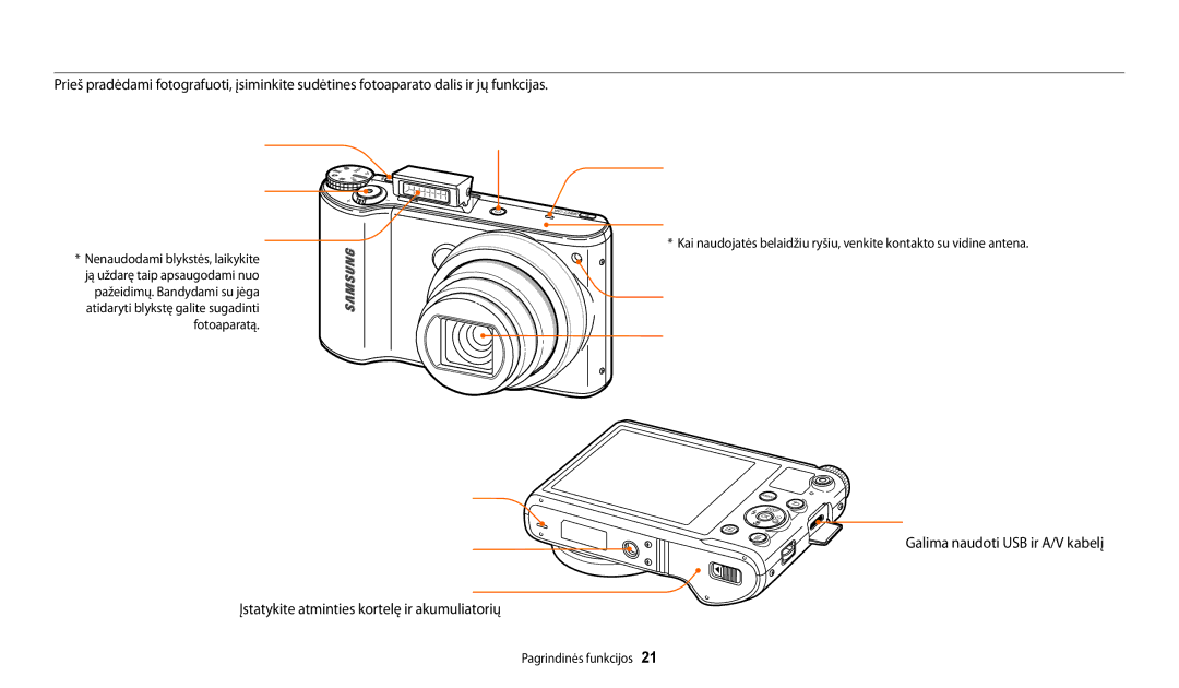 Samsung EC-WB200FBPBE2 manual Maitinimo mygtukas, Mikrofonas, Užrakto mygtukas, Blykstė, Objektyvas, USB ir A/V prievadas 