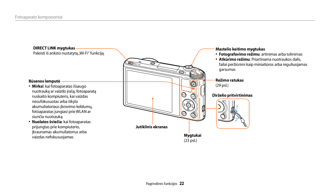 Samsung EC-WB200FBPBE2 manual Fotoaparato komponentai, Direct Link mygtukas, Būsenos lemputė, Mastelio keitimo mygtukas 