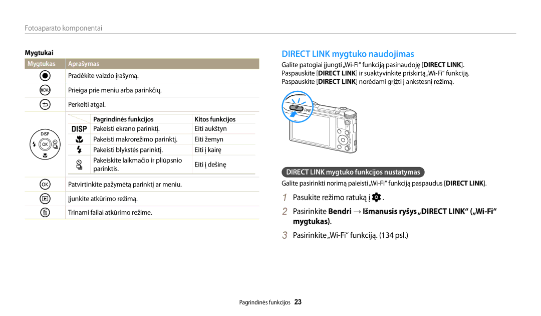 Samsung EC-WB200FBPBE2 manual Direct Link mygtuko naudojimas, Pasirinkite„Wi-Fi funkciją psl, Mygtukas Aprašymas 