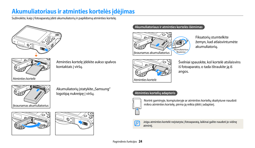 Samsung EC-WB200FBPBE2 Akumuliatoriaus ir atminties kortelės įdėjimas, Akumuliatoriaus ir atminties kortelės išėmimas 