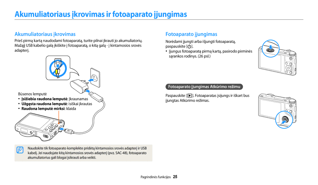 Samsung EC-WB200FBPBE2 manual Akumuliatoriaus įkrovimas ir fotoaparato įjungimas, Fotoaparato įjungimas 