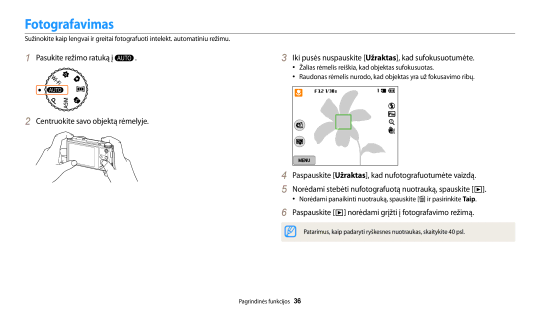 Samsung EC-WB200FBPBE2 manual Fotografavimas, Paspauskite norėdami grįžti į fotografavimo režimą 