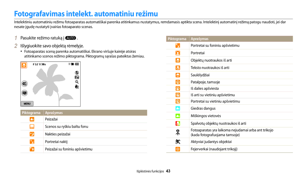 Samsung EC-WB200FBPBE2 manual Fotografavimas intelekt. automatiniu režimu 