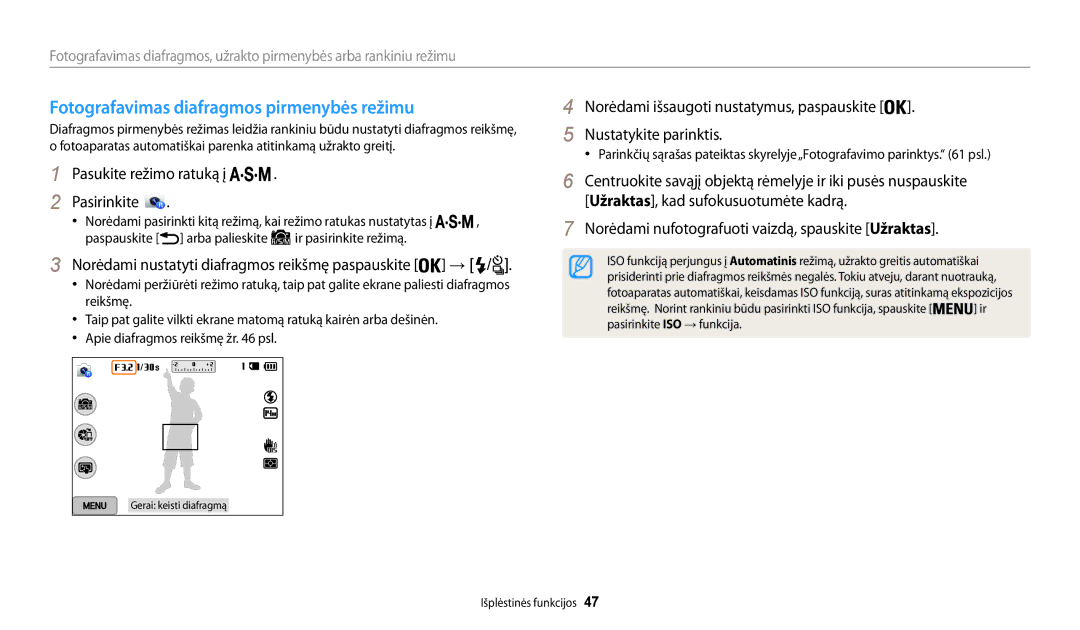 Samsung EC-WB200FBPBE2 manual Fotografavimas diafragmos pirmenybės režimu, Pasukite režimo ratuką į Pasirinkite 